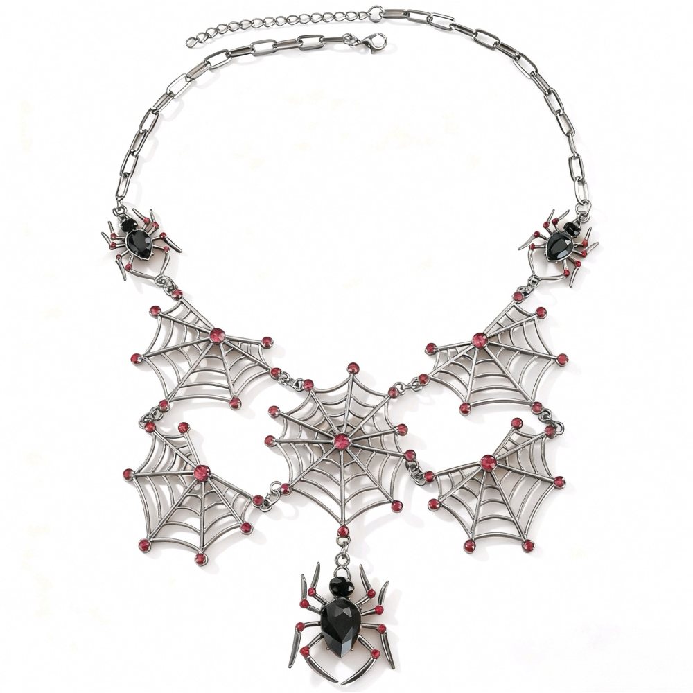 Zac's Alter Ego - Gun Metal Cobweb with Black Jewel Spiders & Ruby Stones Collier - Noir